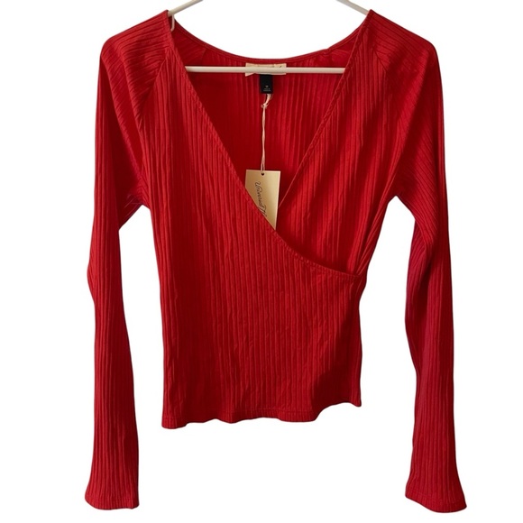 Universal Thread Red Long Sleeve Plunge Neck Ribbed Blouse, NWT, Medium - Picture 1 of 9